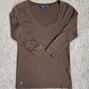 Ralph Lauren Women’s Medium Chocolate Brown Quarter Sleeve V Neck Top